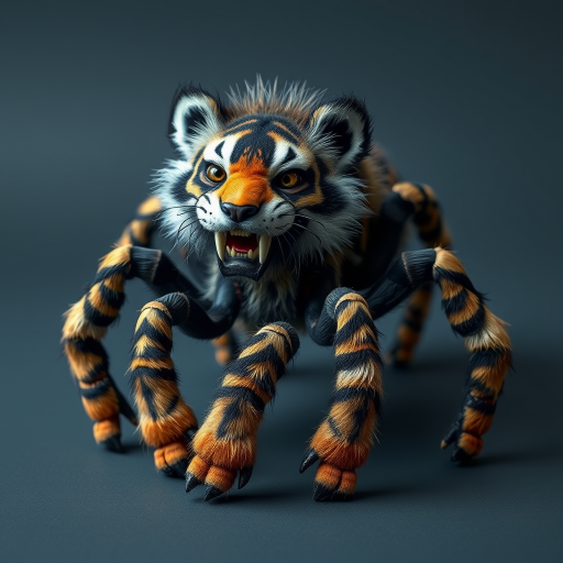 This charming yet frightening Spider Tiger features six legs, a hairy, furry body, and a cat-like tiger physique combined with an insectoid tiger head and tiger legs. The furry head further adds to the creature's unique appearance, creating a captivating blend of cuteness and fear that makes this six-legged, furry, insect-inspired tiger both adorable and scary.