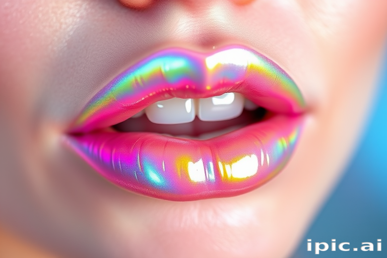 Holographic iridescent lip gloss in shifting pastel hues, dubbed "Unicorn Kisses," offering a mesmerizing rainbow effect and hydrating properties, suitable for playful and whimsical styles