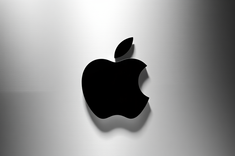 Generate a sleek silver background with a high-contrast, glossy black apple logo on it, using a Canon EOS R5 camera with a 50mm f/1.2 lens, ISO 100, aperture f/8, and shutter speed 1/200 sec, capturing a frontal view with soft lighting to enhance the logo's features.