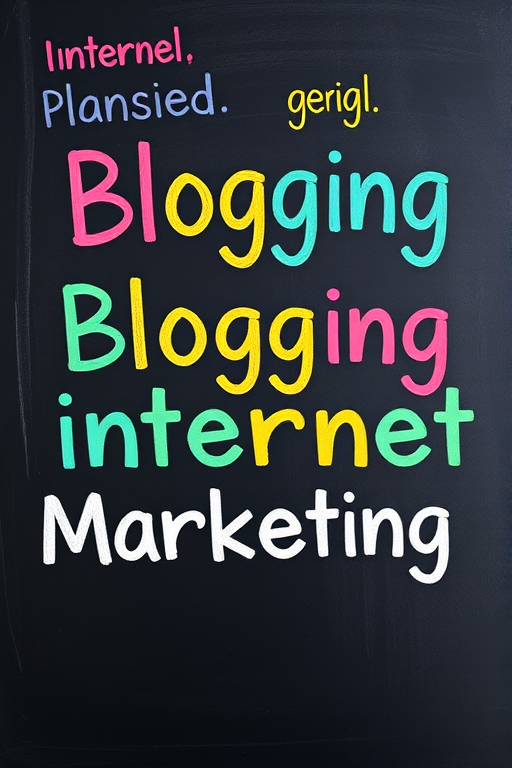 Create a high-resolution image of a black chalkboard filled with colorful, styled words related to blogging and internet marketing, using a DSLR camera, with an aperture of f/2.8, shutter speed of 1/60s, ISO 100, a wide-angle lens, top-down view, and soft natural lighting for enhanced clarity and contrast.