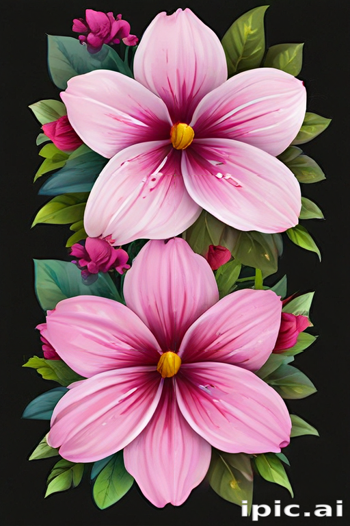 Vibrant Pink Flowers with Lush Green Leaves Against a Dark Background