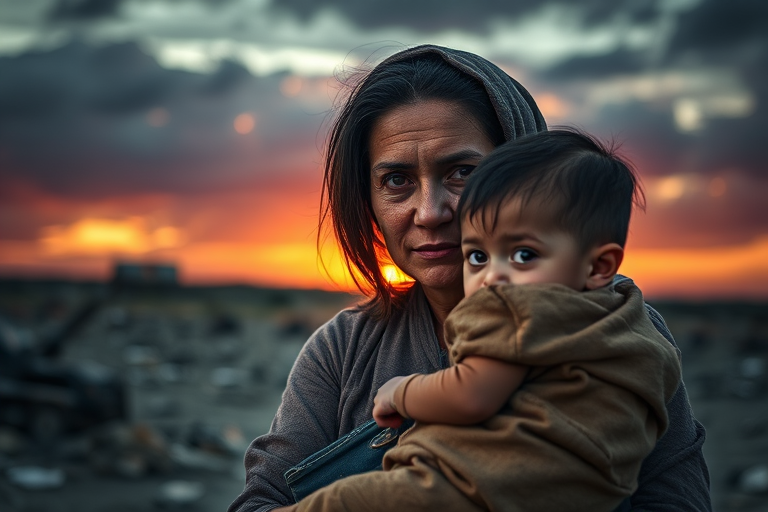 Generate a poignant image of a weary woman holding a child in a war-torn landscape, with a dramatic sunset background, using a DSLR camera, 50mm lens, f/1.8 aperture, ISO 200, and a shallow depth of field for enhanced focus on their expressions.