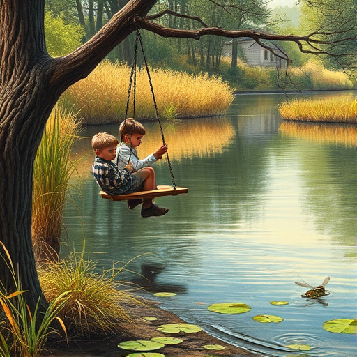 Imagine a small group of old fashioned young boys out fishing by the creek, a swing hanging from a tree branch, reeds and grasses by the water's edge, a frog sitting on a lily pad, dragonflies hovering over som water plans, a very iconic old fashioned scene reminiscent of a Norman Rockwell painting style