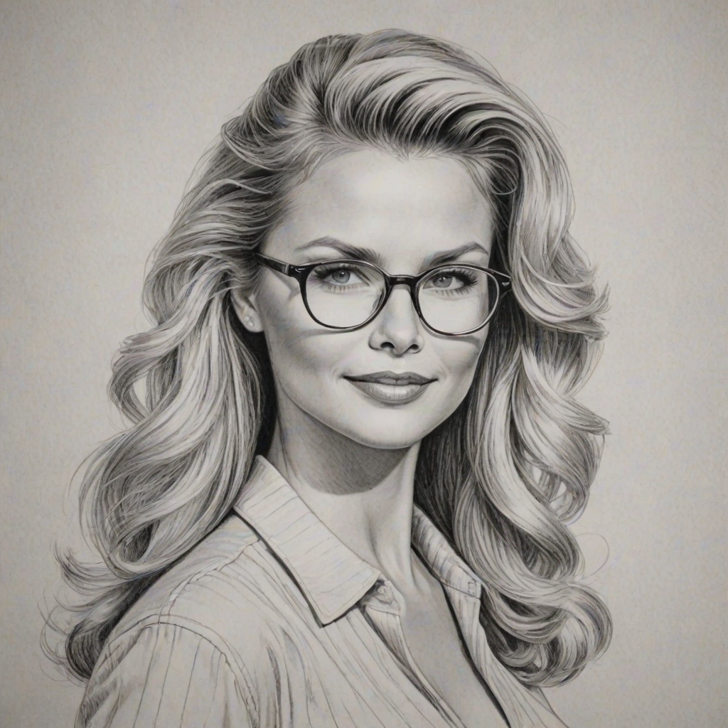 Graceful Christie Brinkley, pencil sketch, portrait of Attractive woman 1945s in glasses, hair style beatnik, outline, clear lines, fine lines, 8k