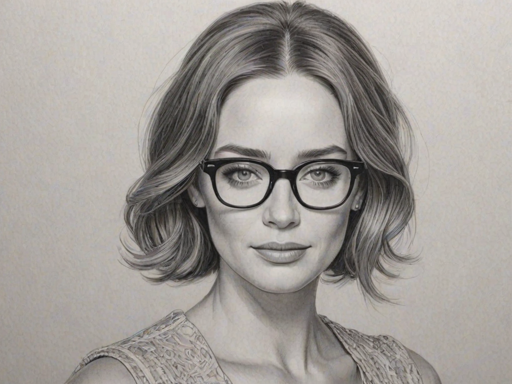 Wonderful Emily Blunt, pencil sketch, portrait of Radiant woman 1960s in glasses, hair style beatnik, outline, clear lines, fine lines, 8k