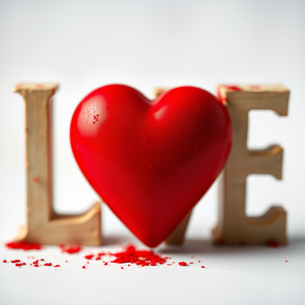 create an abstract image of the word LOVE with a large red heart at the center, using a macro lens on a DSLR camera, aperture set to f/2.8, ISO 100, 50mm focal length, under soft diffused lighting for enhanced clarity and detail
