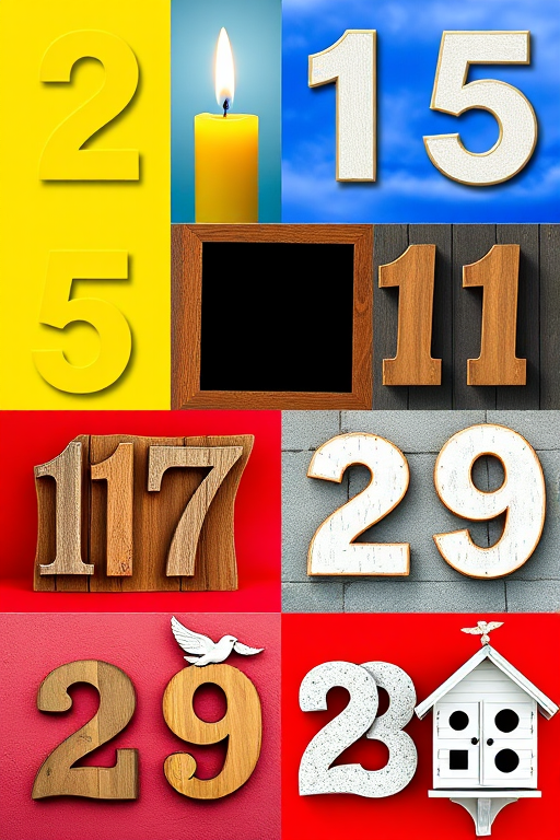 Create a high-resolution grid image featuring numbers: 2 in yellow paint, 3 as a candle, 5 in blue sky, 7 on a digital display, 11 carved in wood, 13 on a red background, 17 on a gray wall, 19 as a dove plaque, 23 in white stone, and 29 on a birdhouse, using a DSLR camera, 50mm lens, f/2.8 aperture, ISO 200, and natural lighting.