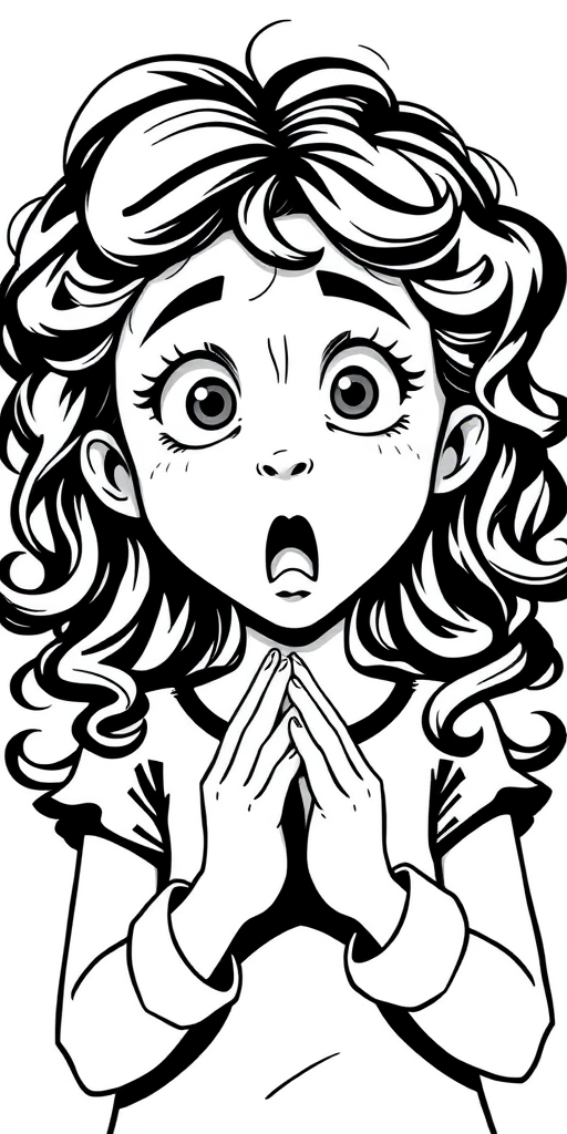The image is a black and white illustration of a young girl with curly hair. She has a surprised expression on her face with her mouth open and her hands clasped together in front of her chest. Her eyes are wide and her eyebrows are furrowed. Her hair is styled in loose curls that are cascading down her back. The overall mood of the image is one of shock or surprise.