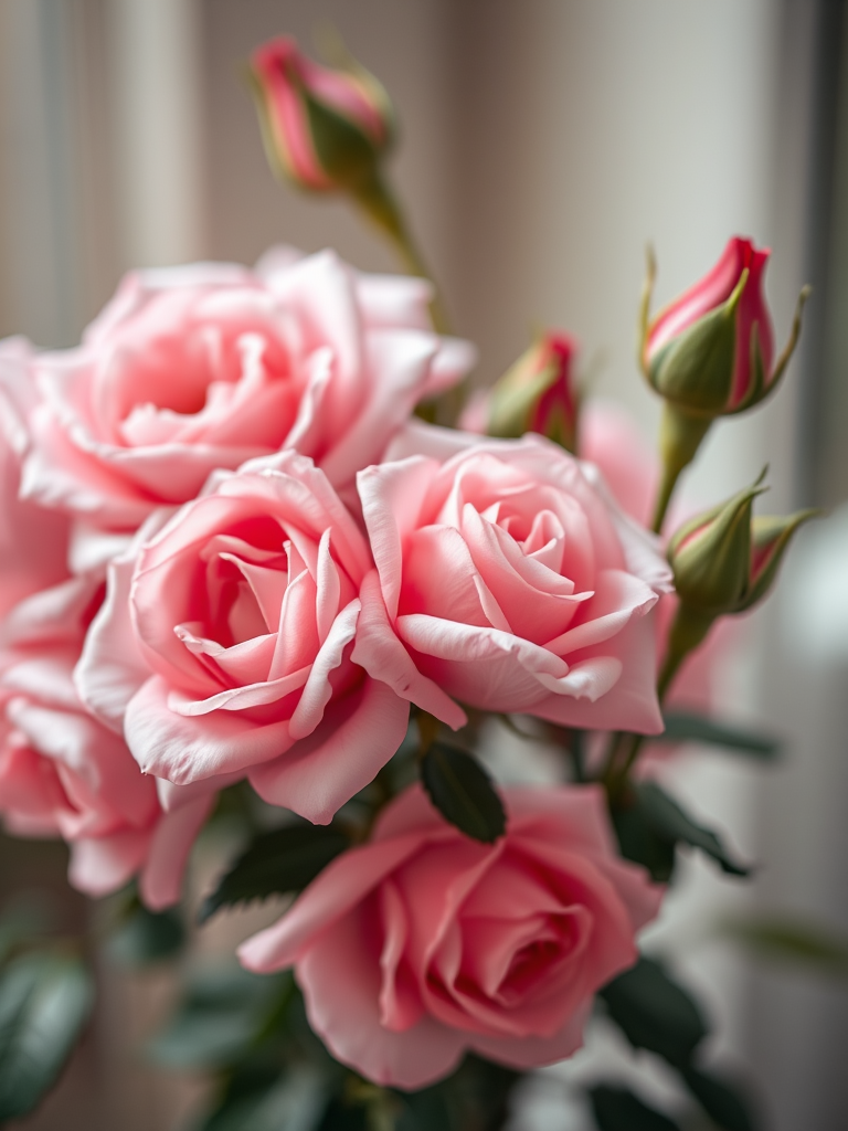 Create a soft-focus image of pink roses with a vintage watercolor effect, shot with a Canon EOS R5, using a 50mm f/1.2 lens, aperture set to f/2.8, ISO 100, at a shallow depth of field, and a warm, diffused lighting setup to enhance the overall softness and texture of the flowers.