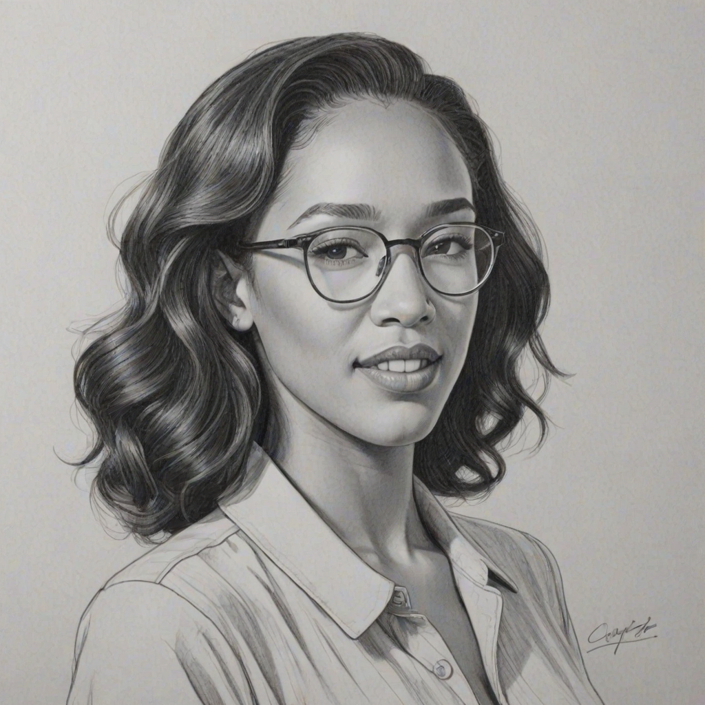Attractive Candice Patton, pencil sketch, portrait of Graceful woman 1944s in glasses, hair style beatnik, outline, clear lines, fine lines, 8k