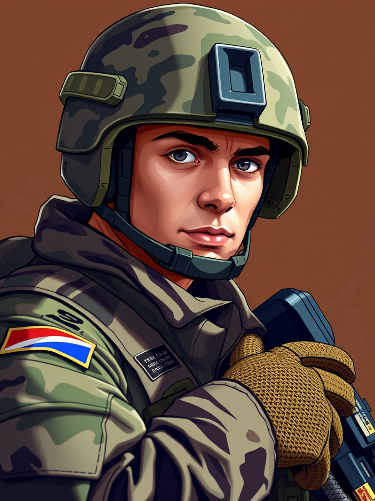 Create a sharp, high-resolution digital illustration of a soldier in camouflage with a radio, using a DSLR camera with a 50mm lens, f/1.8 aperture, ISO 200, and a shallow depth of field for focus on the subject while blurring the background, in a vibrant color palette to enhance details.