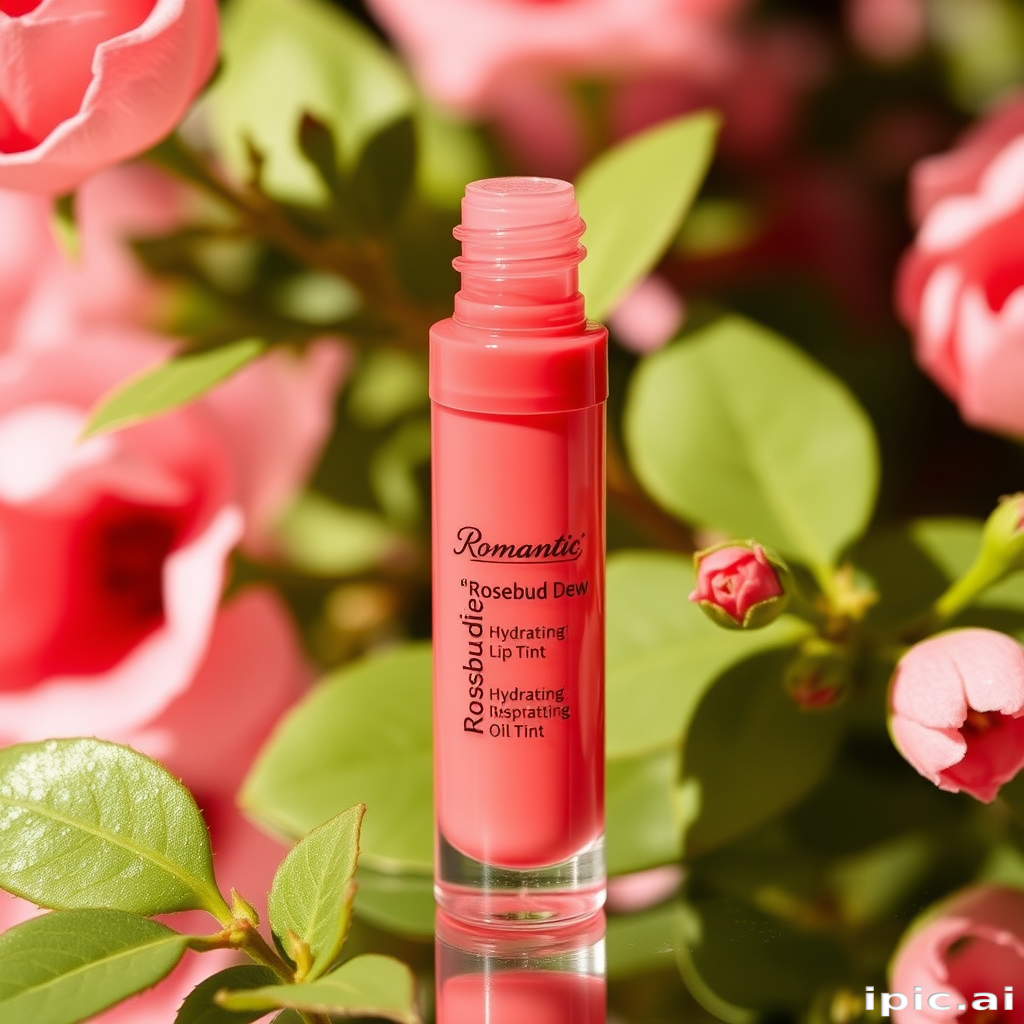 Romantic "Rosebud Dew" hydrating lip oil tint in soft coral, nourishing formula with subtle shine, perfect for achieving a natural and healthy glow