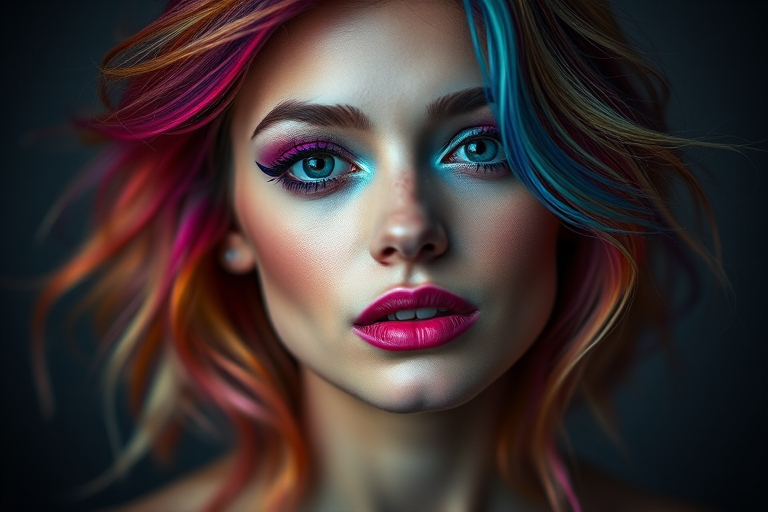 portrait of a woman with vibrant makeup and colorful hair, soft focus, 85mm lens, f/1.8 aperture, ISO 100, studio lighting, high dynamic range, shallow depth of field