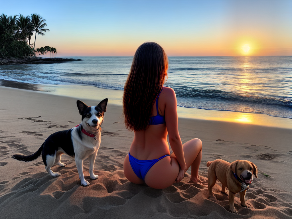 A hot bikini girl watching sunset in beach with her dog