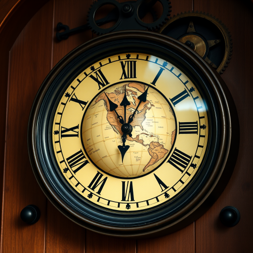 Create an image of a wall clock with a globe as the clock face, featuring Roman numerals, intricate mechanical gears in the background, using a Canon EOS R5 camera, 50mm lens, f/1.8 aperture, ISO 100, and a soft natural light source for enhanced detail and depth.