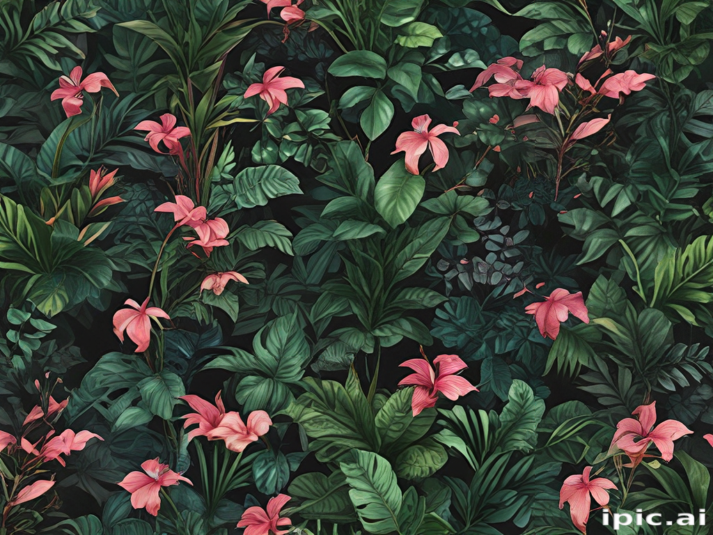 Vibrant Tropical Floral Pattern Featuring Lush Green Leaves and Pink Blooms