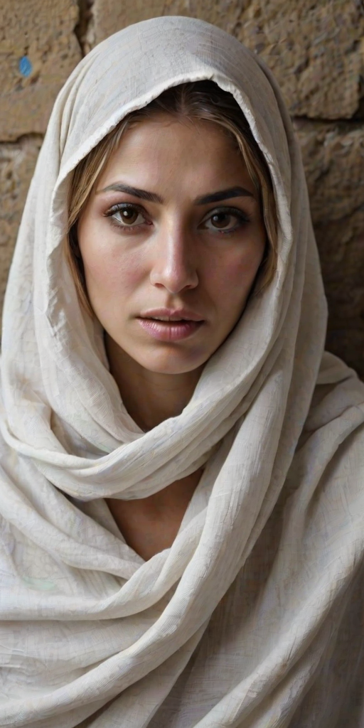 Create a close-up photographic image of a Assyrian woman with light skin tones shown against an old, worn wall. Their head is wrapped in a white cloth covering (i.e.... parts of the head except the nose and mouth, which are open as if they are screaming...), with a slight texture and visible folds in the fabric. Thin strands of blonde hair escape from the wrapping above, falling lightly at the top and sides. Their hands hold the fabric as if they are tugging nervously. The lighting is dramatic and even, casting strong shadows. The image has a minimalist and surreal style with an emphasis on simplicity with soft color tones. The composition is centered.