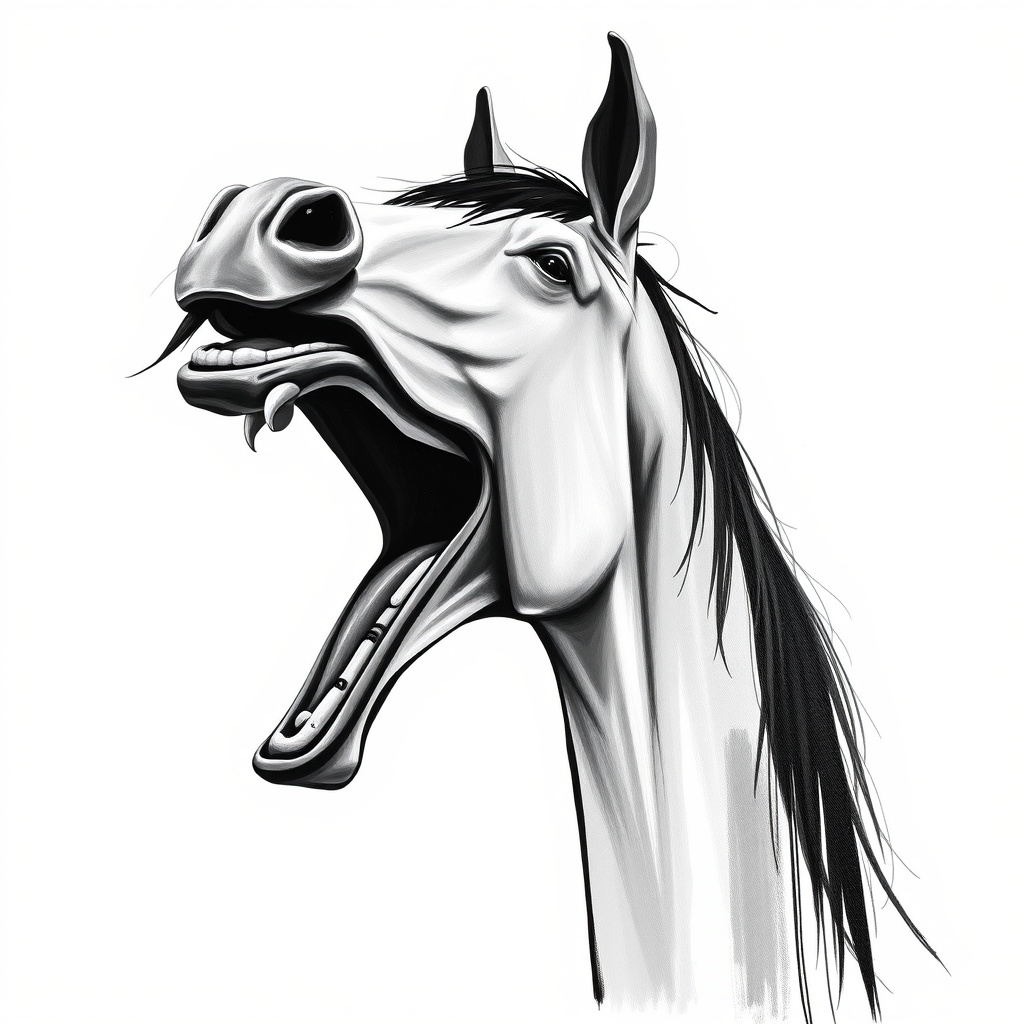 Abstract black and white acrylic portrait of an over exaggerated laughing (horse). Minimalism style. White background.