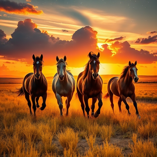 Create a vibrant landscape of four majestic horses running through a golden grassland at sunset, with dramatic clouds and a starry sky in the background, using a DSLR camera at f/8, ISO 100, focal length 35mm, with a wide-angle view to enhance depth and detail.