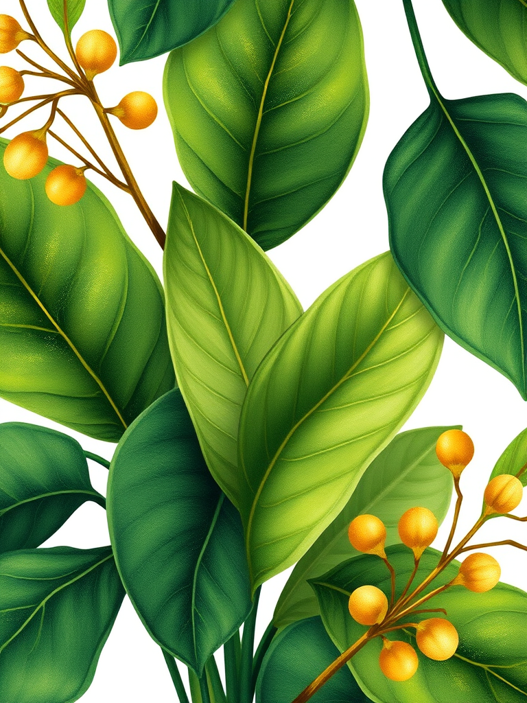 Create a botanical illustration featuring lush green leaves and elegant golden accents on a transparent background with a high-resolution setting of 300 DPI, captured with a DSLR camera at f/2.8, ISO 100, 50mm lens for a shallow depth of field and vibrant colors.