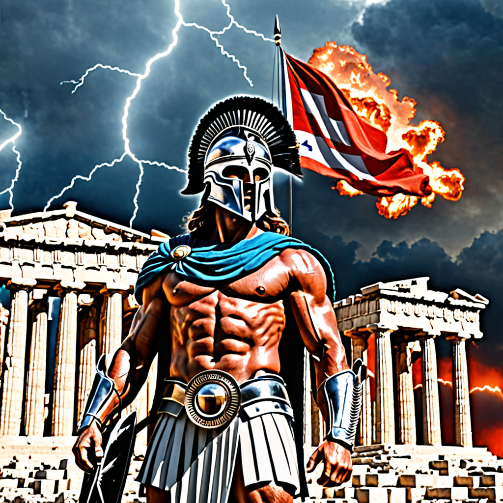 a realistic picture of an ancient Spartan warrior with long hair, and ...