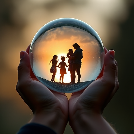 Create an image of a bubble held between two hands, featuring the silhouettes of a family inside; use a Canon EOS R5 camera, settings: ISO 100, f/2.8, 1/200s, with a shallow depth of field and soft focus background for enhanced detail and clarity.
