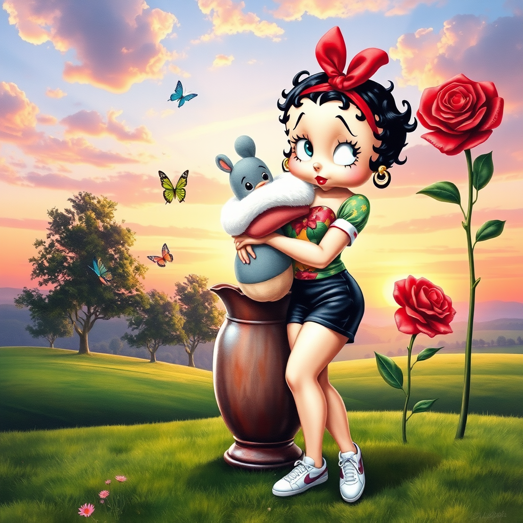 Luxury 3D HD realistic watercolor oil painting. Betty Boop with black hair in two messy buns. Red headband with big bow. He wears black shorts with a colorful t-shirt. White sneakers. She is standing hugging winnie the pooth next to a large vase with a tall red rose, There are trees and butterflies flying. The land with a beautiful lawn. Full body. Background of a sunset