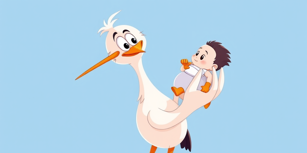 Create a vibrant cartoon image of a stork carrying a baby, with bright colors and clear outlines, using a Canon EOS 90D camera with a 50mm lens, aperture set to f/2.8, ISO 100, and a bright natural light setting for enhanced clarity and detail.