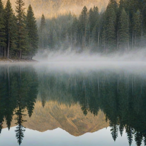 Soft-focus image of a serene mountain lake at dawn, soft mist rising from the water, with pine trees reflecting perfectly on the glassy surface.