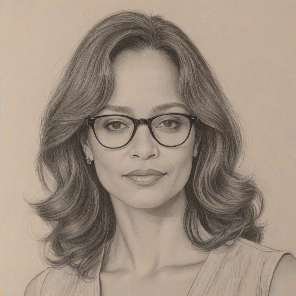 Sublime Judy Reyes, pencil sketch, portrait of Ravishing woman 1972s in glasses, hair style beatnik, outline, clear lines, fine lines, 8k