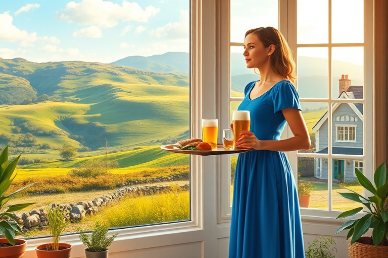 In "A Glass of Beer on the Highland," a serene scene is depicted in a sunlit room where a woman in a vibrant blue dress stands by a large window. She holds a tray with a hearty meal and a frothy glass of beer, embodying a moment of relaxation. Outside, the breathtaking highland landscape features rolling green hills and a charming traditional house, all bathed in warm afternoon light. The interior is adorned with potted plants, creating a harmonious blend of comfort and nature. The painting beautifully captures the tranquility and joy found in simple pleasures amidst stunning scenery
