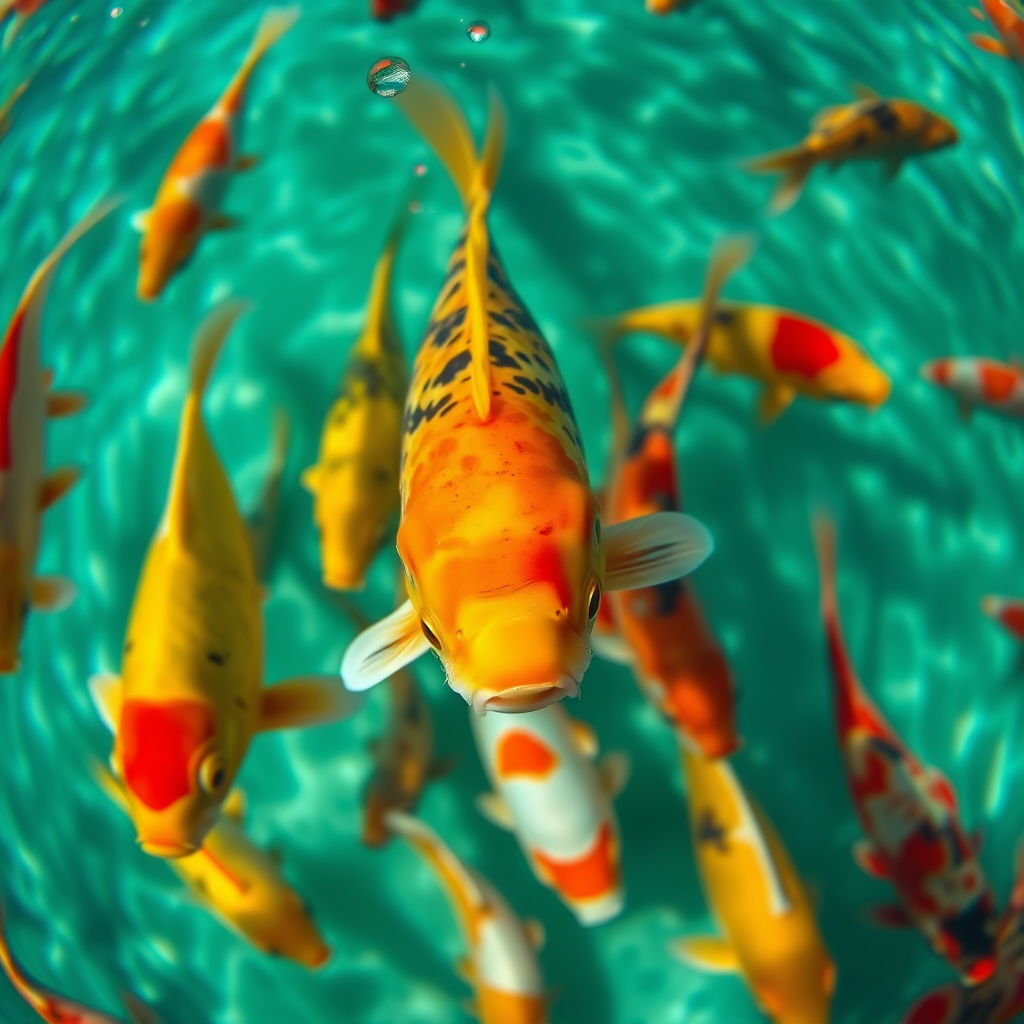 A vibrant underwater scene with a mix of koi fish, including golden and a prominent orange one, captured from above, with a 50mm lens, f/2.8 aperture, ISO 200, natural light, high saturation, and a shallow depth of field to enhance focus on the fish while slightly blurring the background.