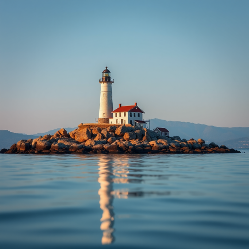 Capture a high-resolution image of a lighthouse on a rocky island with a mountain backdrop, using a Canon EOS R5 camera, 24mm lens, f/8 aperture, ISO 100, 1/200s shutter speed, in landscape orientation with a focus on the reflection in the water.