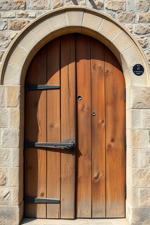 A rustic wooden door with an arched stone frame, beautifully weathered, captured in natural daylight, using a DSLR camera at f/8 aperture, ISO 100, 1/200 second shutter speed, focused closely to emphasize texture and detail.