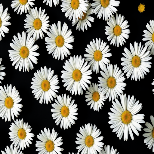 Create a seamless pattern of white daisies on a black background, captured with a Canon EOS R5, 50mm lens, aperture set to f/8 for sharp detail, 1/125 sec shutter speed, ISO 100, in natural lighting with a focus on vibrant colors and high resolution.
