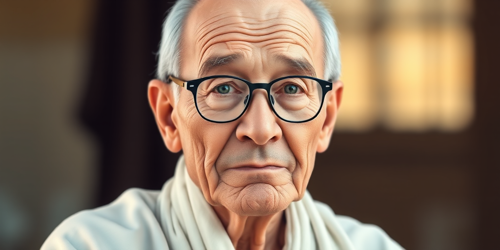 Create a high-resolution digital illustration of an elderly man with glasses and a simple white robe, emphasizing soft facial features and warm colors, captured using a DSLR camera with a 50mm lens, f/1.8 aperture, 1/200s shutter speed, and natural lighting to enhance details and depth.