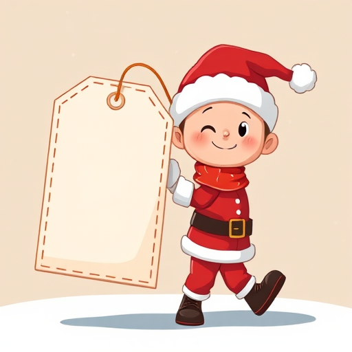 Create an illustration of a cartoon character wearing a Santa hat and red outfit, pulling a large blank tag with strings, in a colorful and festive style, using a digital art technique, at a resolution of 300 DPI, with a focal length of 50mm, and a vibrant color palette.