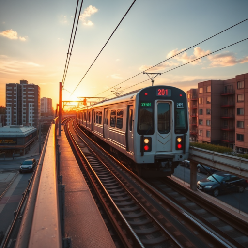 capture a train passing on an elevated track during sunset with golden hour lighting, using a DSLR camera, aperture f/8, ISO 200, shutter speed 1/250s, wide-angle lens, low angle view, high dynamic range style, ensuring vivid colors and sharp details in both the train and the urban backdrop