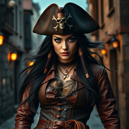 Create a portrait of a fierce female pirate. She wears a leather tricorn hat adorned with a skull and crossbones emblem, and her long, dark hair flows around her face. Her outfit consists of a richly detailed leather jacket, a corset, and multiple layers of belts and accessories, giving her a formidable and stylish appearance. She stands confidently in a dimly lit, historic port town, with a backdrop of weathered buildings and cobblestone streets, capturing the adventurous spirit of a pirate.