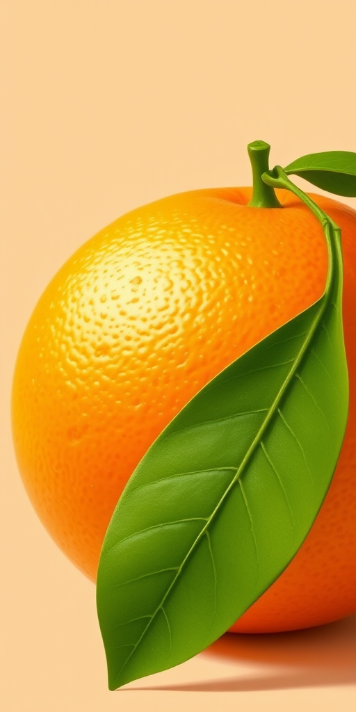 Create a vibrant illustration of a large orange with a glossy texture, a green leaf attached, set against a smooth pastel background, shot with a DSLR camera, aperture f/4, ISO 100, 50mm lens, using a soft focus effect for enhanced depth.