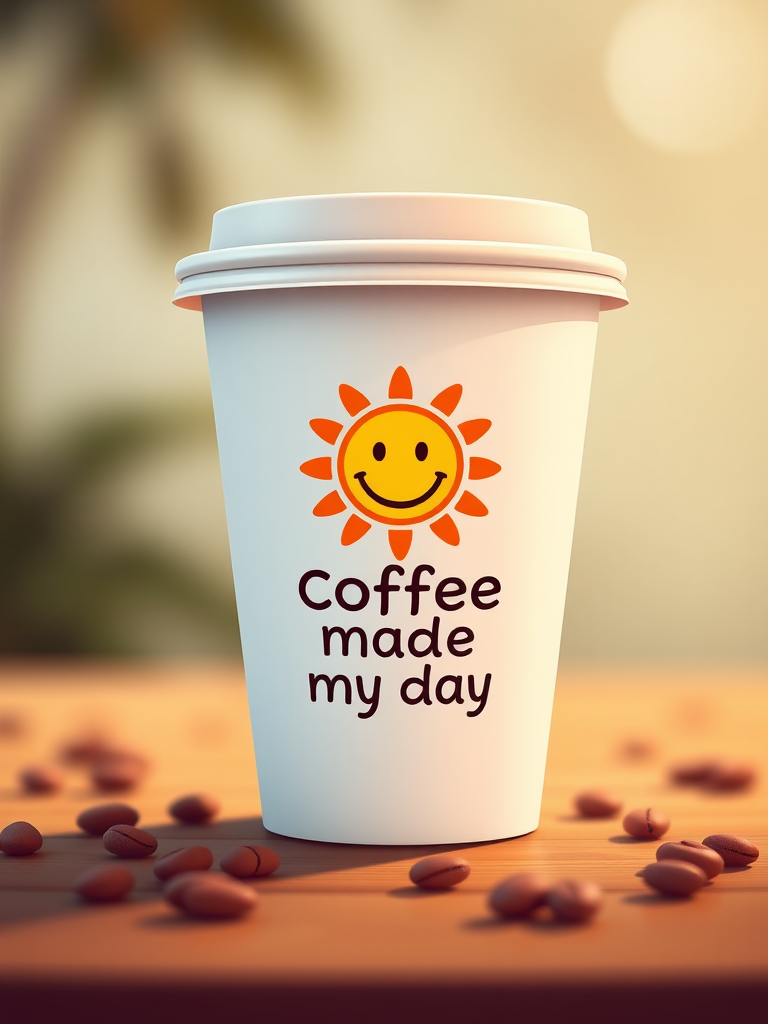 Create a high-resolution digital illustration of a coffee cup with a smiling sun logo and the text "Coffee made my day," using a DSLR camera with a 50mm lens, aperture set to f/2.8, ISO 100, and a soft focus background to enhance image quality.