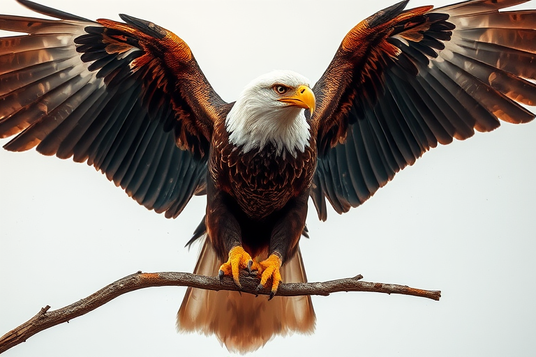 Regenerate an image of an eagle perched on a branch with its wings spread, using a macro lens, f/4 aperture, ISO 200, 1/500s shutter speed, in high-resolution digital art style, focused on fine details and vivid colors against a light splash background.