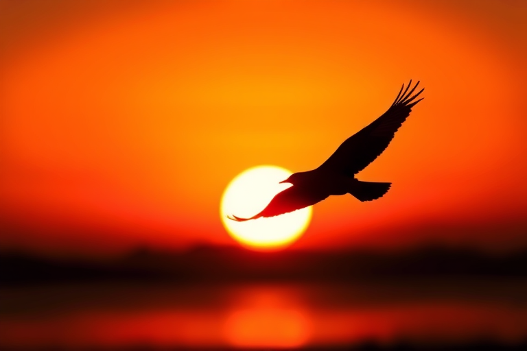 Generate a high-resolution image of a silhouette of a bird in flight against a vibrant sunset background, capturing the essence of freedom and nature, with a Canon EOS R5 camera, 50mm lens, aperture f/2.8, ISO 100, and a shallow depth of field for a soft background blur.