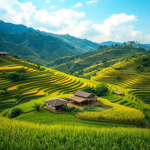 vivid landscape of terraced rice fields with lush greenery and small huts, captured with a Canon EOS R5, 24mm lens, f/8 aperture, ISO 100, soft natural lighting, wide-angle view, high dynamic range for enhanced color depth