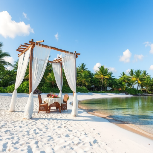 Create a picturesque tropical beach scene featuring a serene, white sandy shore. In the foreground, there's a rustic wooden canopy with white drapes gently flowing in the breeze. Underneath the canopy, a table is set with tropical decor, evoking a sense of relaxation and leisure. The beach extends into a calm, shallow water area with reflections of the sky and surroundings. Palm trees and lush greenery line the edge of the beach, providing a natural, tropical backdrop. The sky is clear with a few scattered clouds, and the overall atmosphere is tranquil and inviting, perfect for a peaceful retreat.