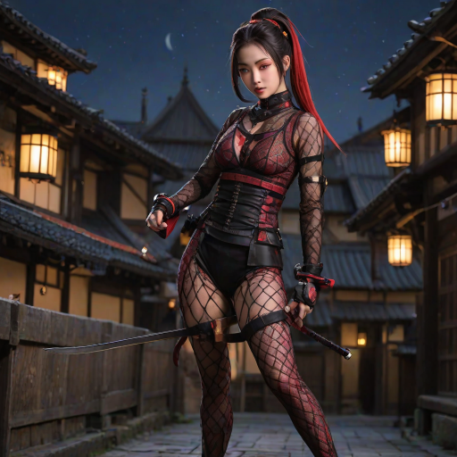 (((Cowboy shot)), (nodachi in 1hand), (((anime))), sehele style, <lora:Seunghee_Lee_Style_SDXL:0.7>, (porcelain skin:1.5), (((1woman))), (ponytail black hair:1.2), (the most beautiful red eyes:1.2), (tomboy:1.2), (((((medieval fantasy kunoichi in fullbody fishnet suit))))), purple scarf, (((ready to fight pose))), female shinobi, ninja, (((dynamic pose))), (((dynamic angle))), moonlit, 8k, 16K, trending on pixiv, fanbox, skeb, masterpiece, detailed face, smooth soft skin, beautiful intricate colored hair, digital painting, (((at night))), (((Japanese rooftops background)))