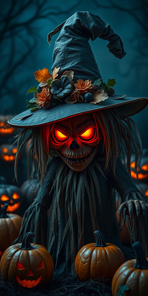 Create a menacing scarecrow character with glowing orange eyes wearing a tattered witch hat adorned with flowers and leaves surrounded by carved pumpkins in a dark, eerie setting with a hint of supernatural elements and a haunting atmosphere.