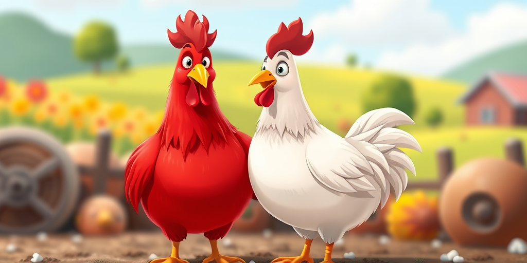 Create a vibrant digital illustration of two cartoon chickens, one red and one white, standing close together against a colorful farm background, using a DSLR camera at f/2.8, 1/250s, ISO 100, with a shallow depth of field for a sharp foreground and blurred background, in a bright, playful style.