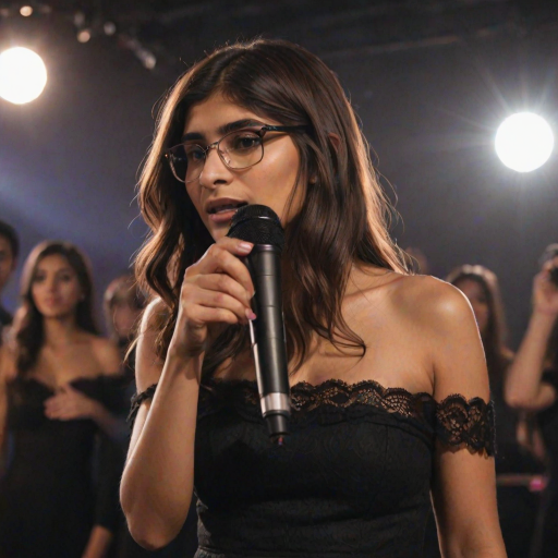 mia khalifa with long, flowing brown hair is standing in the center of the frame, holding a microphone in her right hand, and looking slightly off to the right side of the frame. She is wearing a black, off-the-shoulder dress with delicate lace detailing. The lighting is warm and dramatic, creating a spotlight effect on the singer. There are other figures in the background, blurred and out of focus, suggesting a concert or performance setting. The camera angle is low, capturing the woman from the waist up. The overall atmosphere is intimate and captivating.
