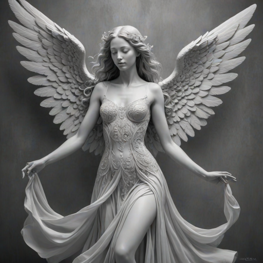 An angel, crafted in the unique style of Folk Art, as she unfolds herself against an ethereal backdrop, her wings softly billowing, face radiating a heavenly glow, every curl in her strikingly serene countenance finely brushed, monochrome, detailed techniques, ultra fine, breathtaking surreal masterpiece